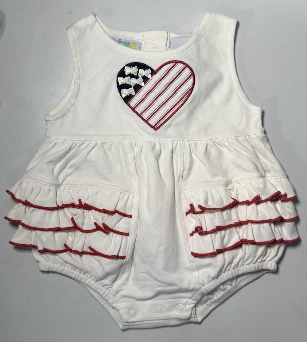 90s Miniwear Toys R Us Girls Baby Bubble Romper Patriotic Ruffle Heart 3–6M Y2K
